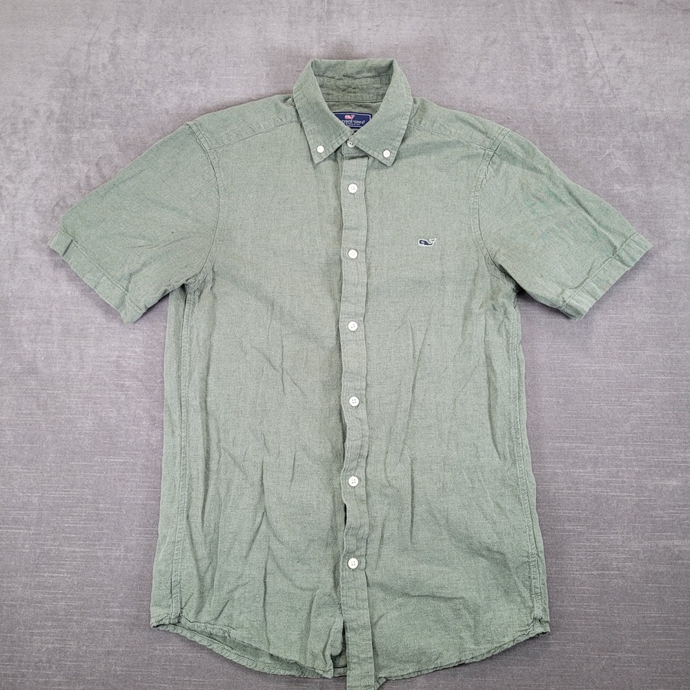 Vineyard Vines Linen Blend Whale Shirt Button Up Short Sleeve Green XS